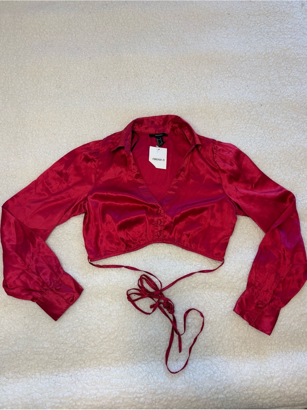 Forever 21 Women Red Satin Button Crop Top